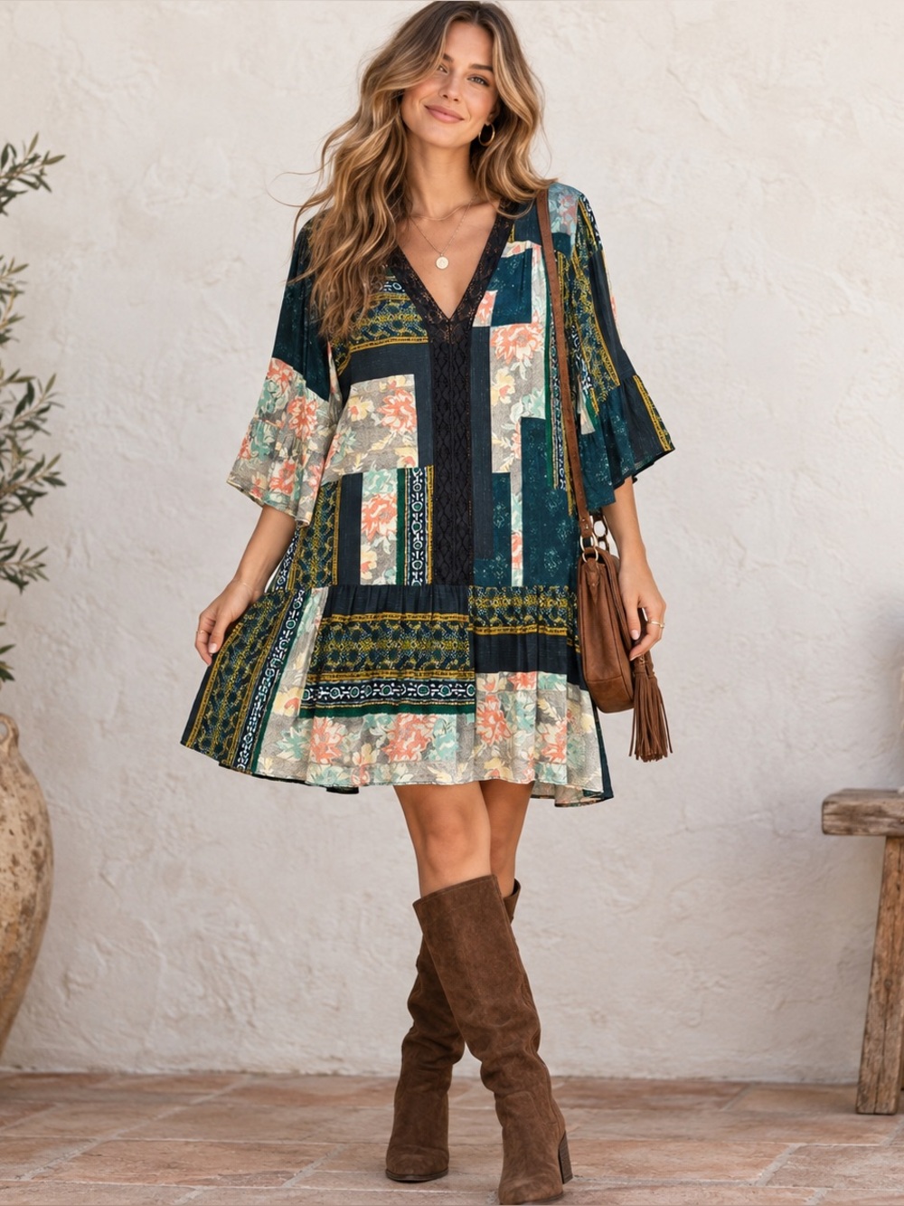 Maeve Anthropologie L Patchwork Floral Dress Lace Bell Sleeve Boho Whimsigoth